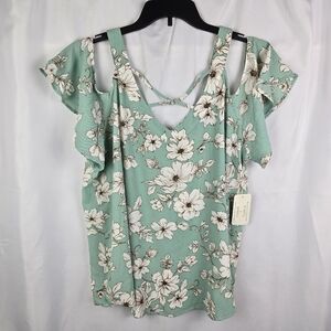 NEW Flower & Feather Mint Floral Cold Shoulder Flutter Sleeve Gauzy Top Plus 1X